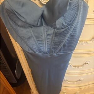 House of CB Strapless Satin Dress in Blue